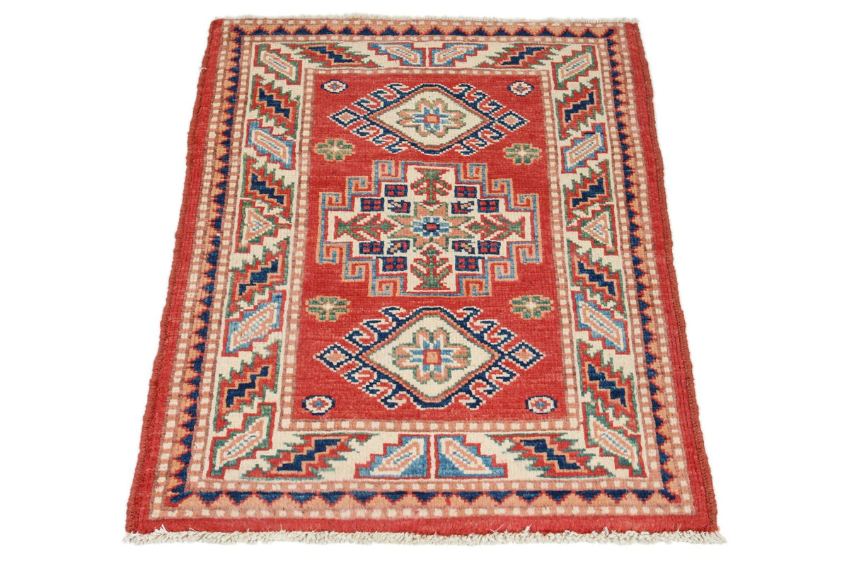 2x3 Red and Ivory Kazak Tribal Rug