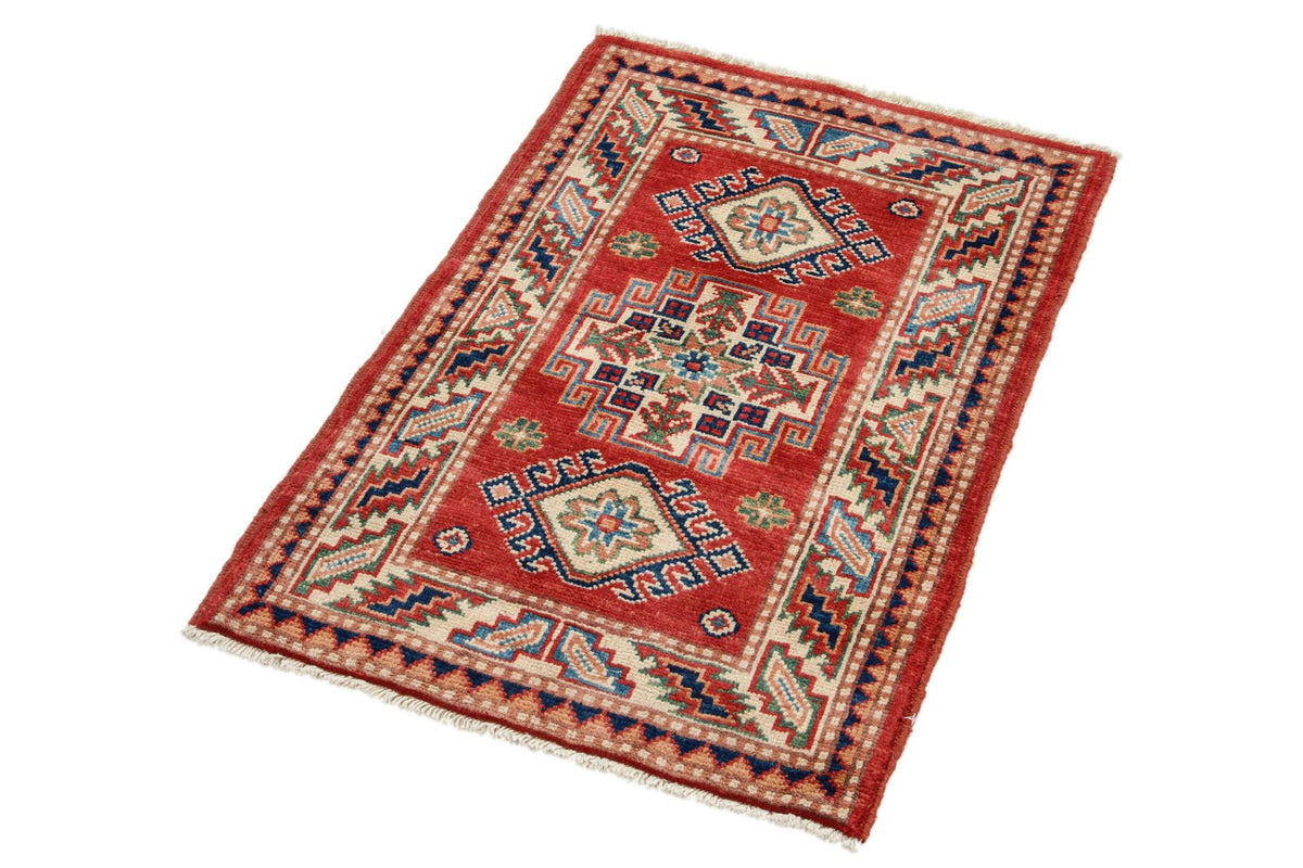 2x3 Red and Ivory Kazak Tribal Rug
