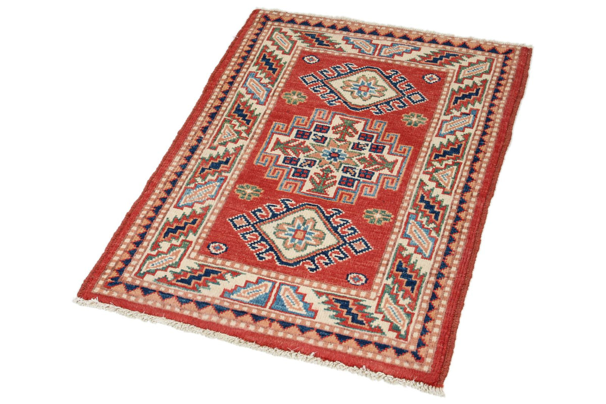 2x3 Red and Ivory Kazak Tribal Rug