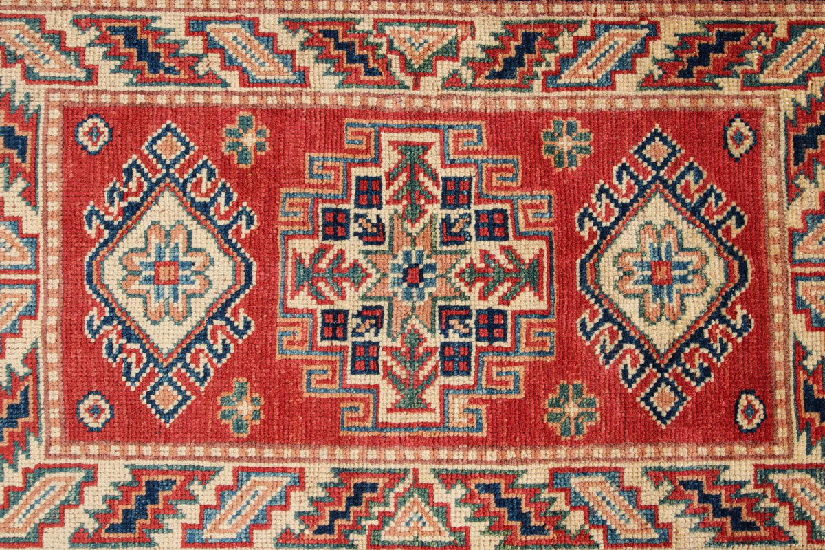 2x3 Red and Ivory Kazak Tribal Rug