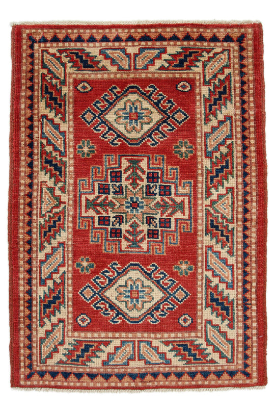 2x3 Red and Ivory Kazak Tribal Rug