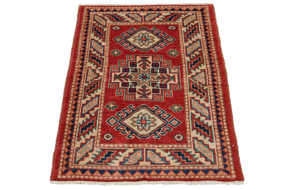 2x3 Red and Ivory Kazak Tribal Rug