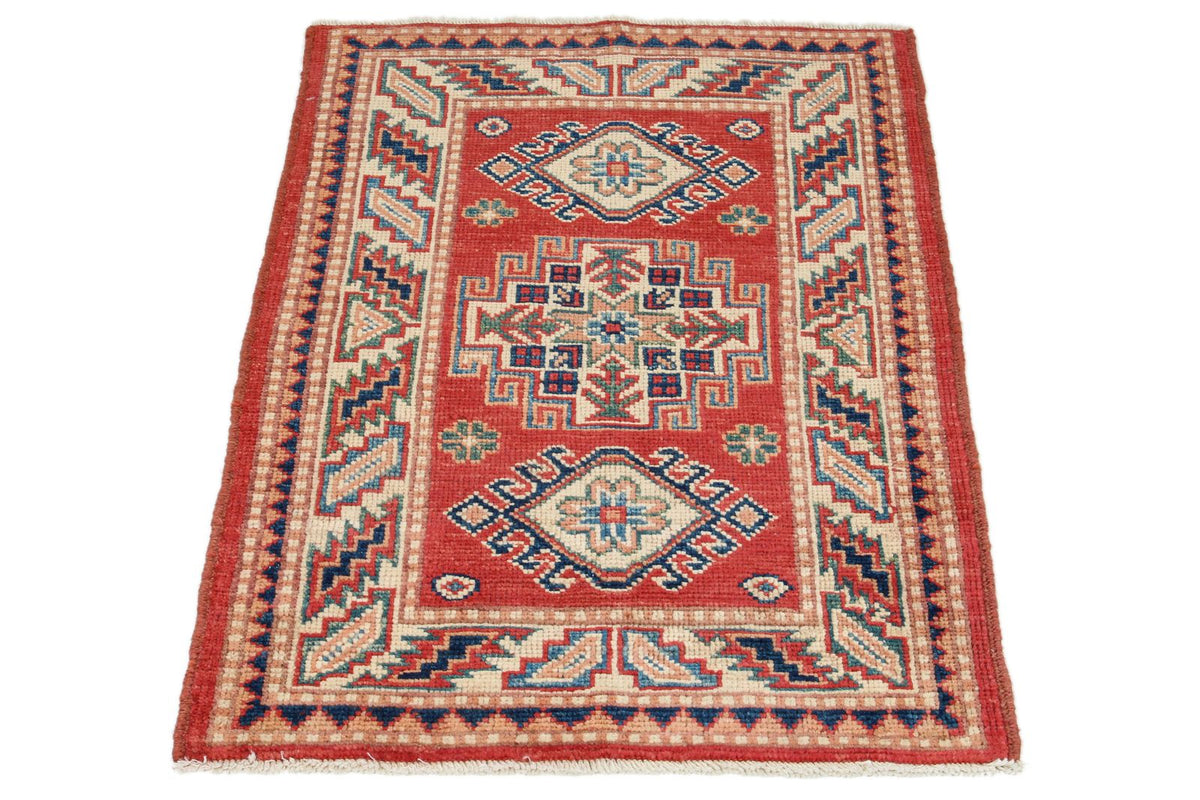 2x3 Red and Ivory Kazak Tribal Rug