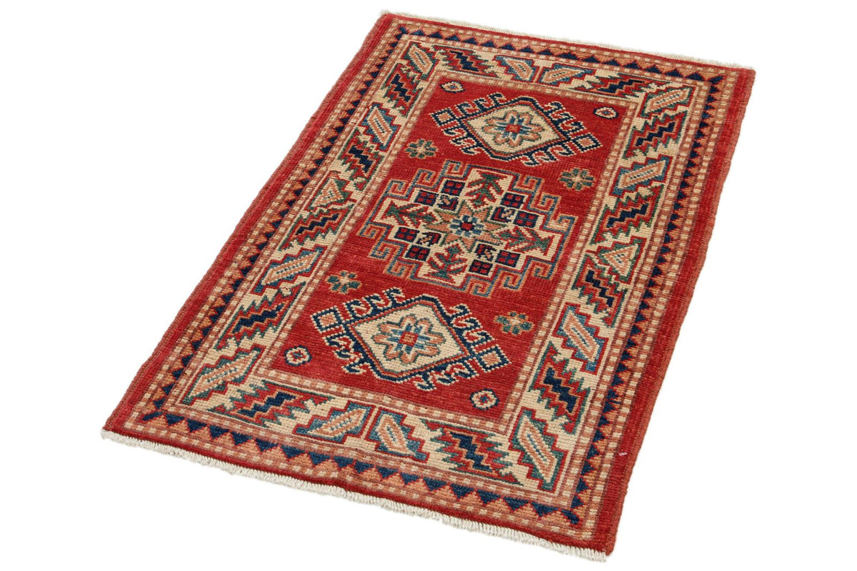 2x3 Red and Ivory Kazak Tribal Rug