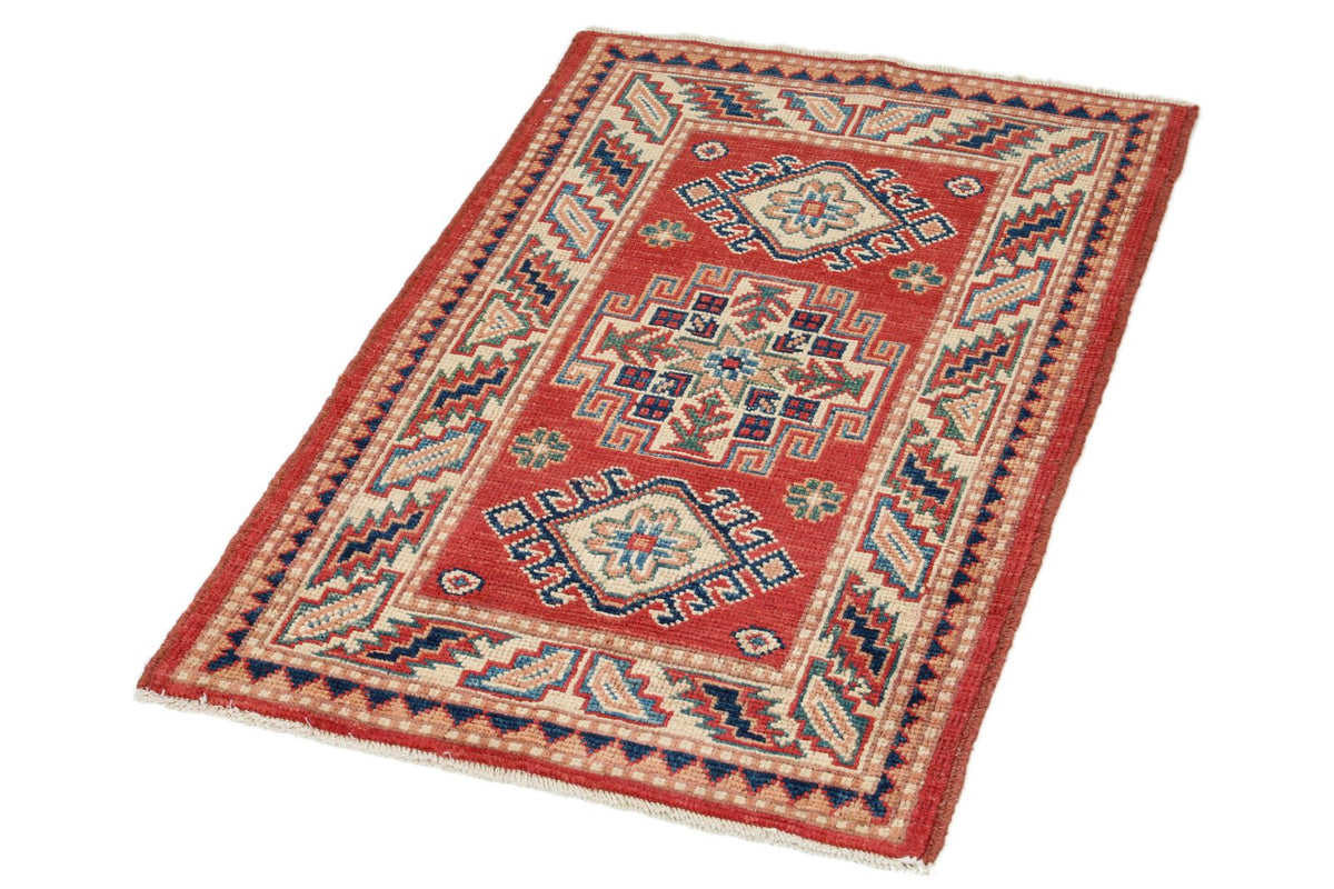 2x3 Red and Ivory Kazak Tribal Rug