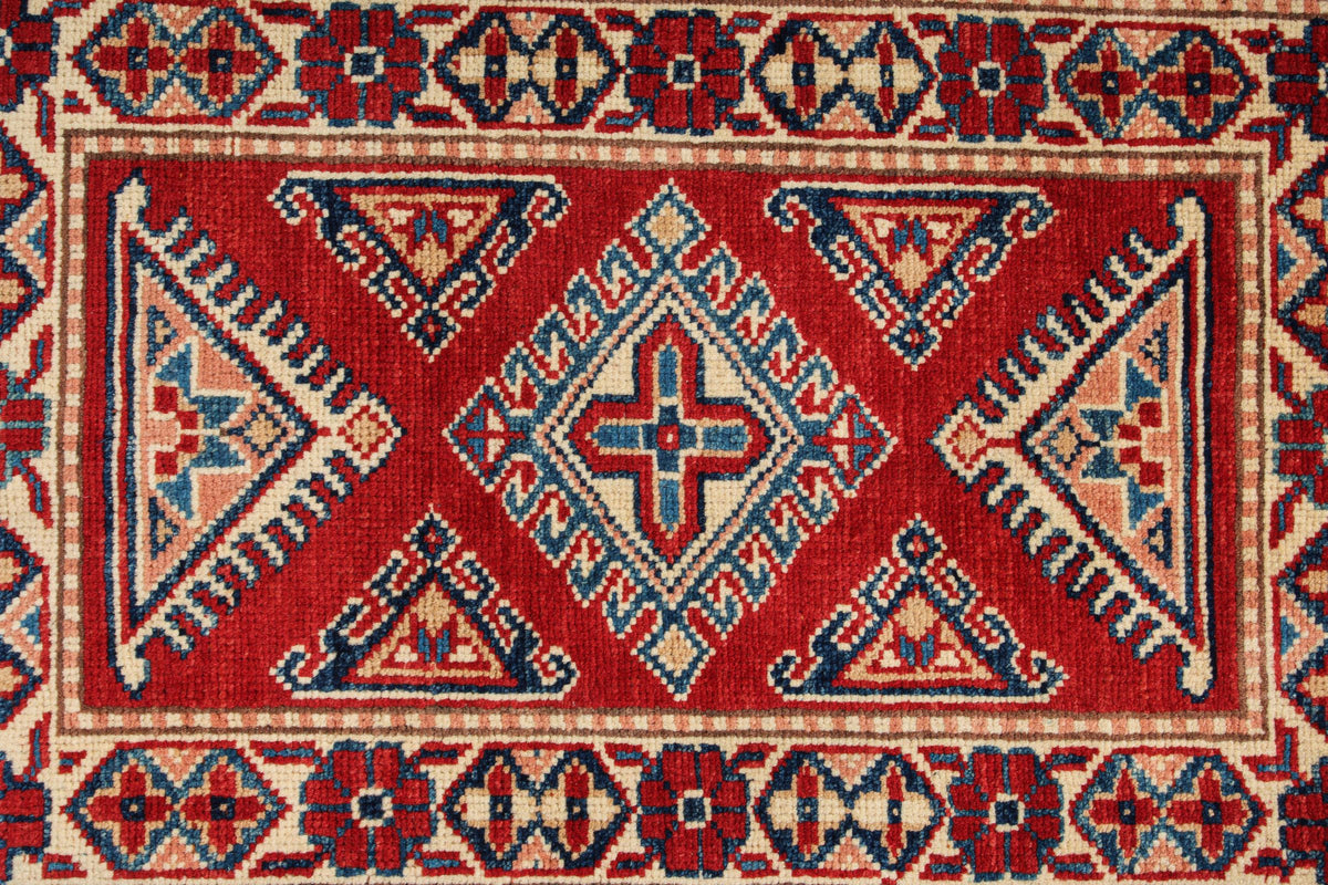 2x3 Red and Ivory Kazak Tribal Rug