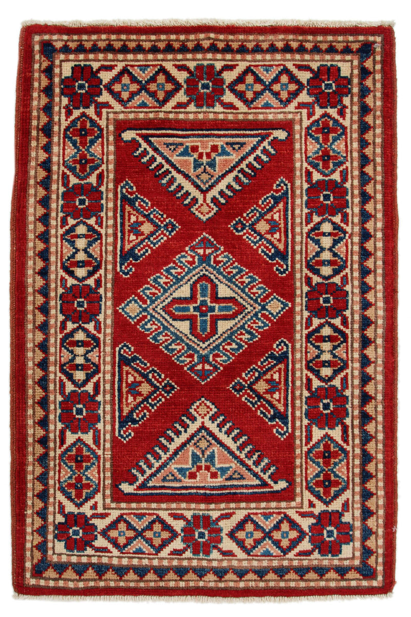 2x3 Red and Ivory Kazak Tribal Rug