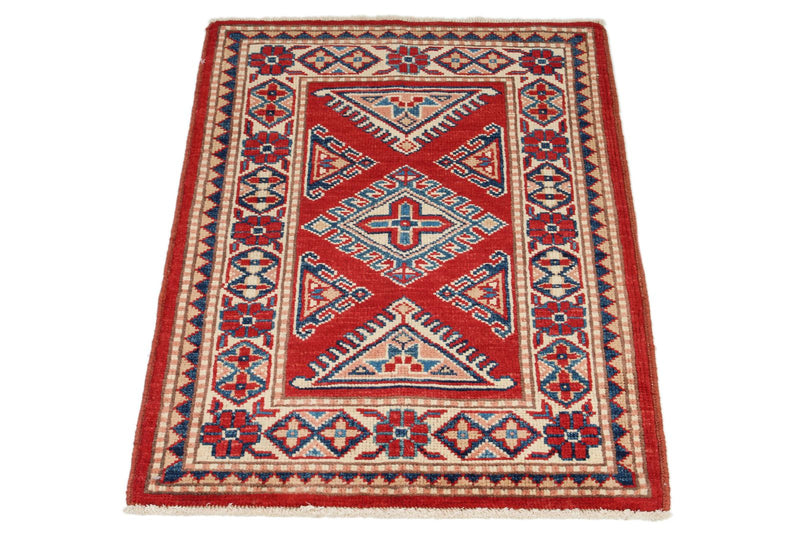 2x3 Red and Ivory Kazak Tribal Rug