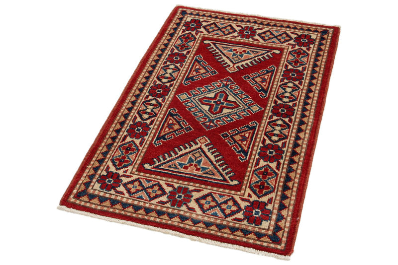 2x3 Red and Ivory Kazak Tribal Rug