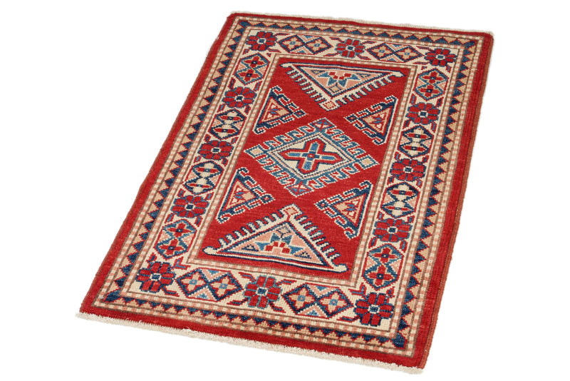 2x3 Red and Ivory Kazak Tribal Rug