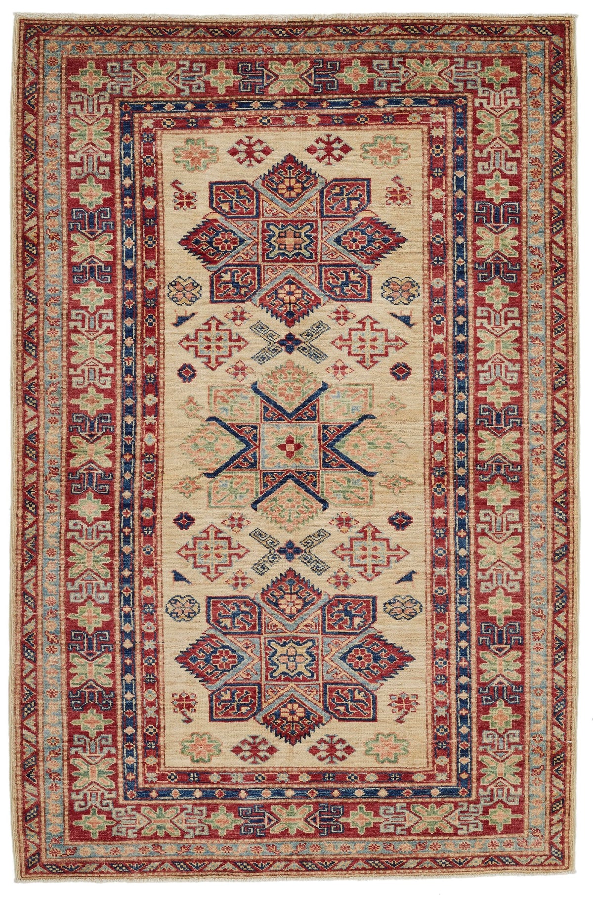 4x6 Ivory and Red Kazak Tribal Rug