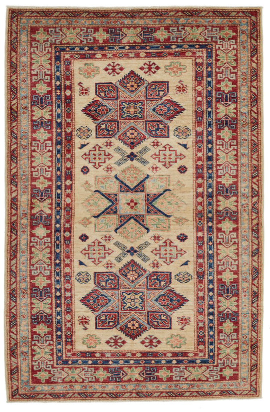 4x6 Ivory and Red Kazak Tribal Rug