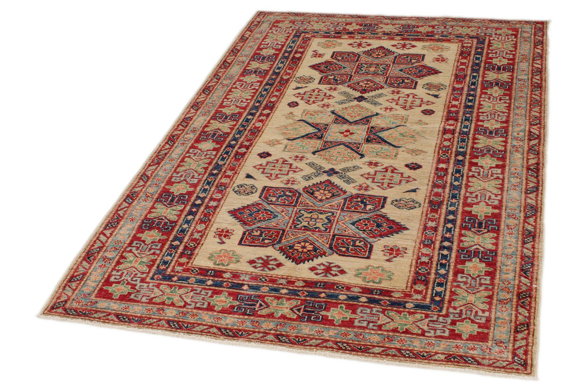 4x6 Ivory and Red Kazak Tribal Rug