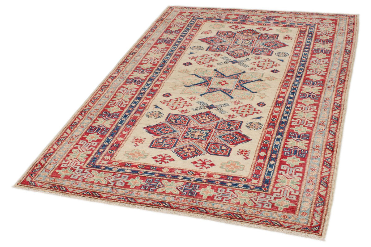 4x6 Ivory and Red Kazak Tribal Rug