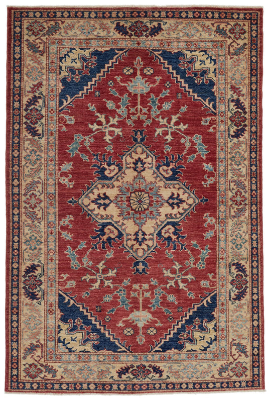 4x6 Red and Ivory Kazak Tribal Rug