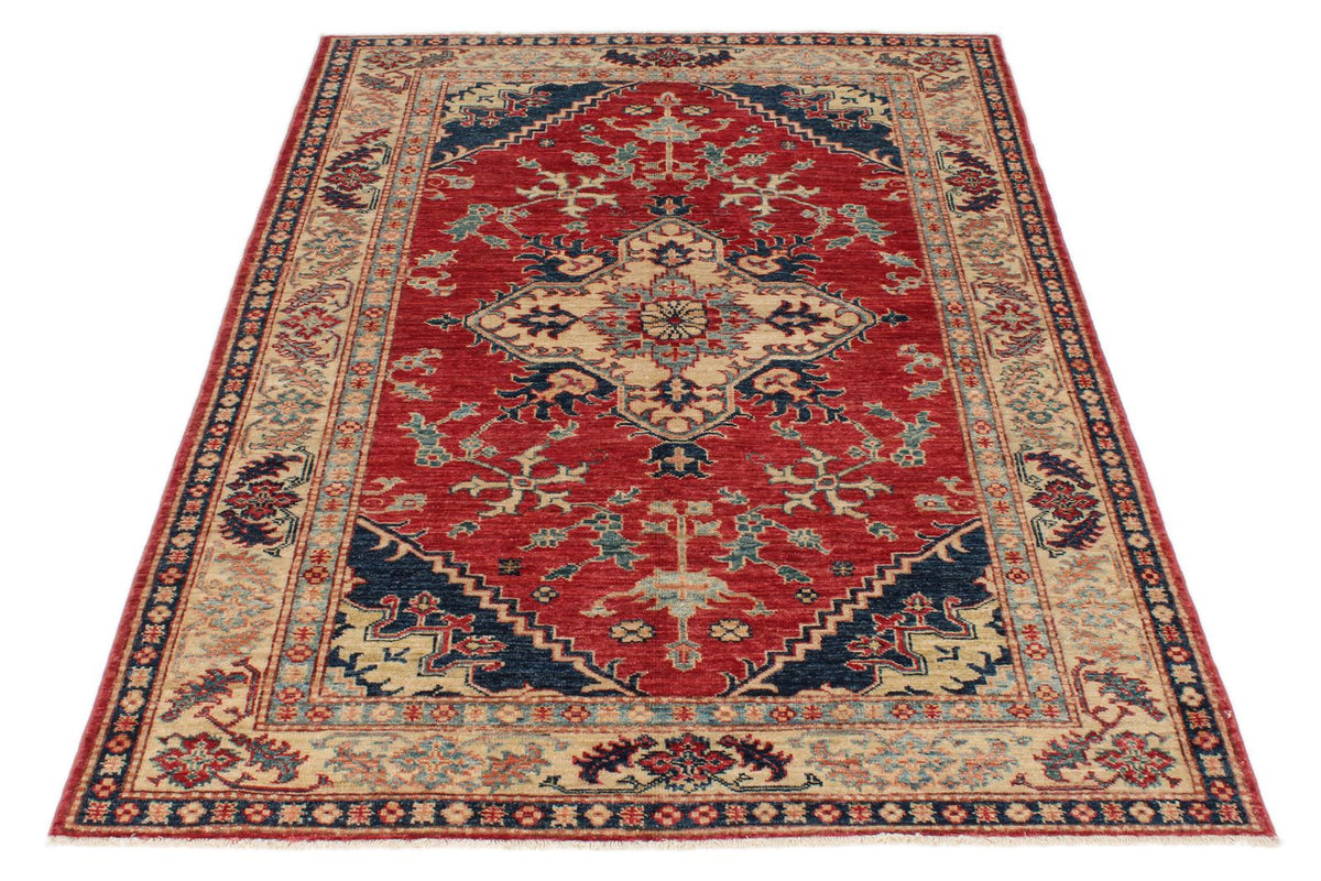 4x6 Red and Ivory Kazak Tribal Rug