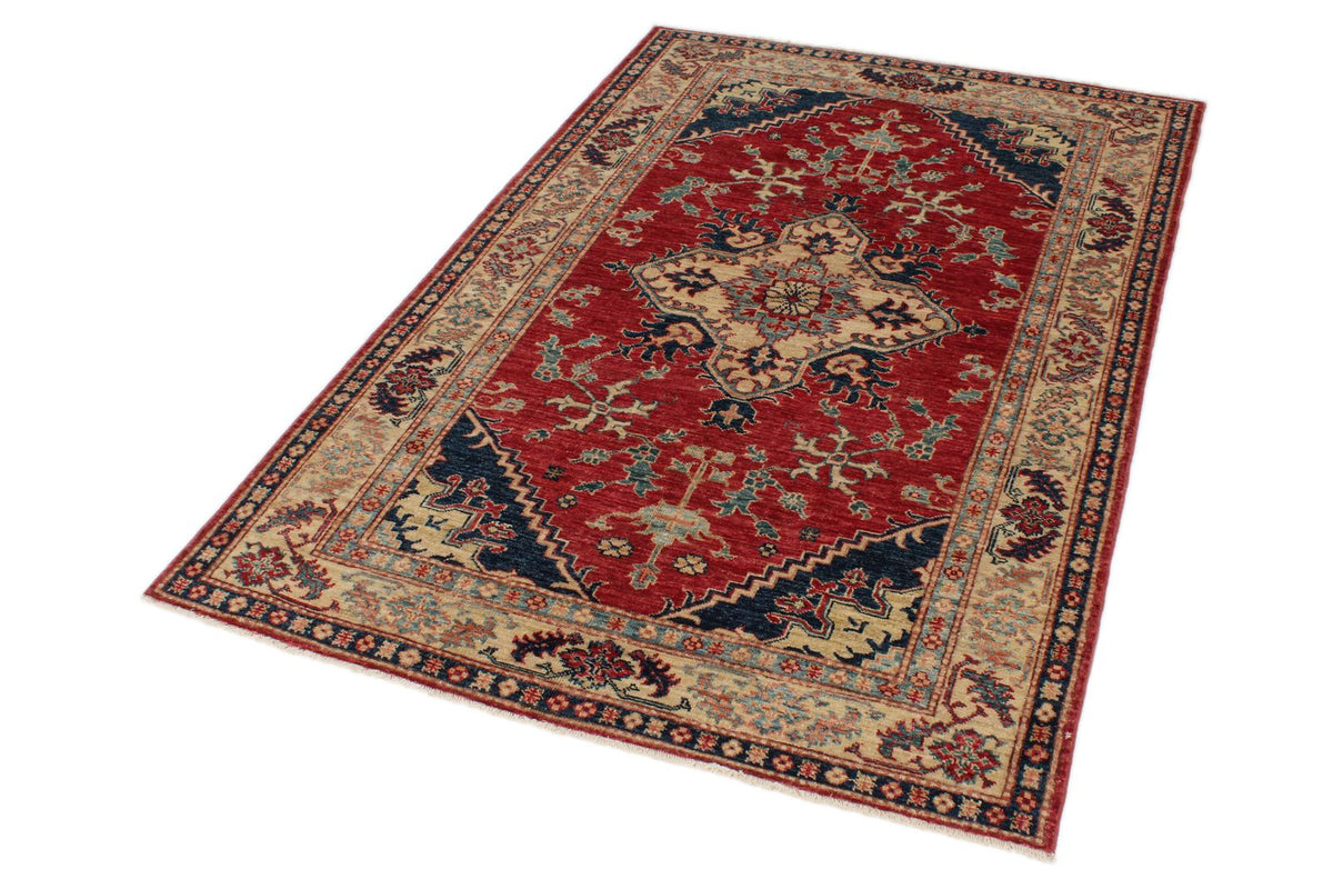 4x6 Red and Ivory Kazak Tribal Rug