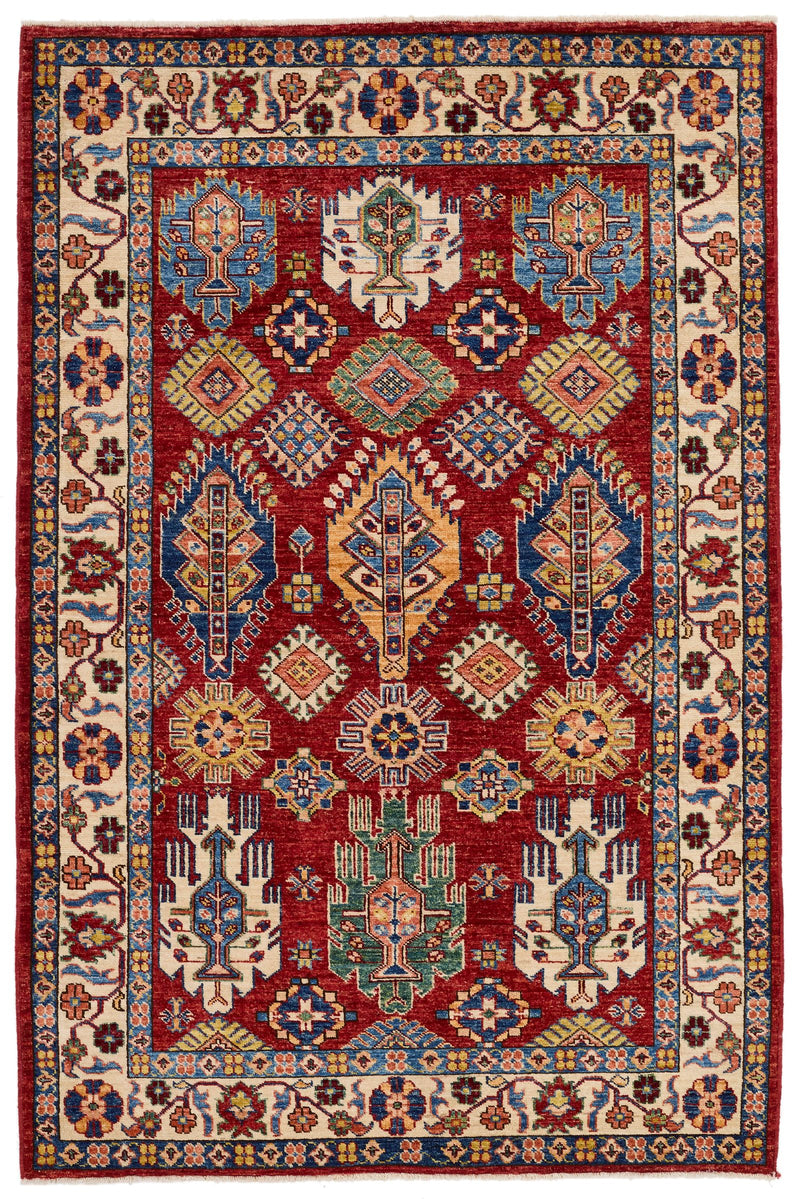 4x6 Red and Ivory Kazak Tribal Rug