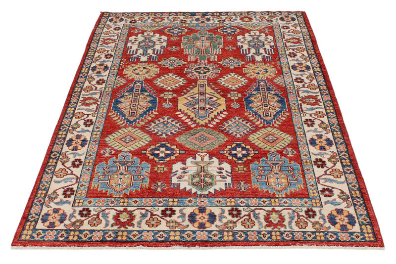 4x6 Red and Ivory Kazak Tribal Rug