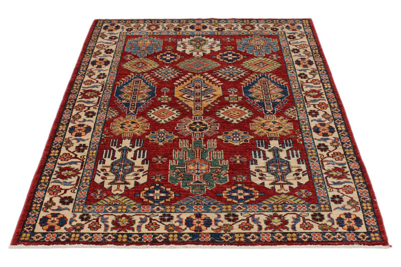 4x6 Red and Ivory Kazak Tribal Rug