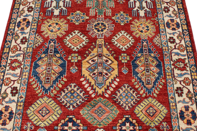 4x6 Red and Ivory Kazak Tribal Rug