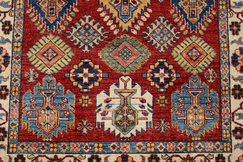 4x6 Red and Ivory Kazak Tribal Rug