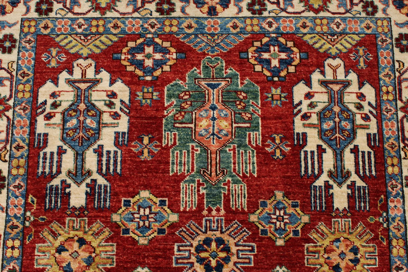 4x6 Red and Ivory Kazak Tribal Rug