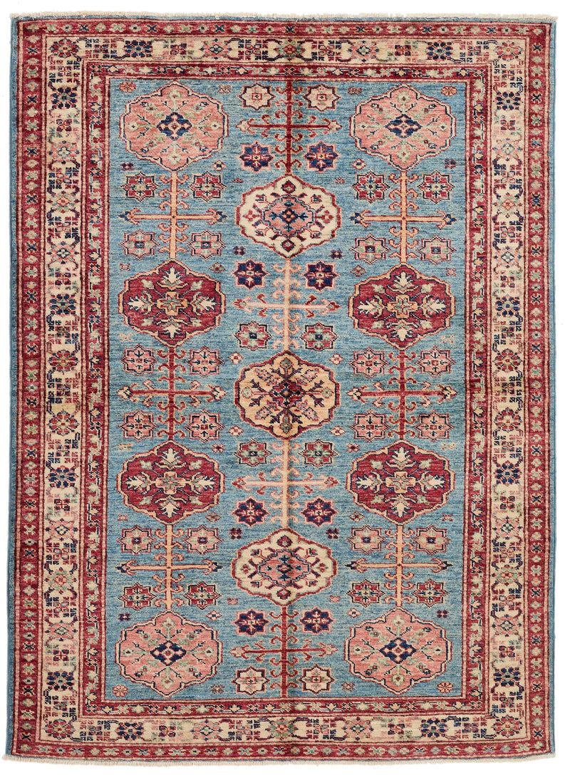 4x6 Blue and Ivory Kazak Tribal Rug