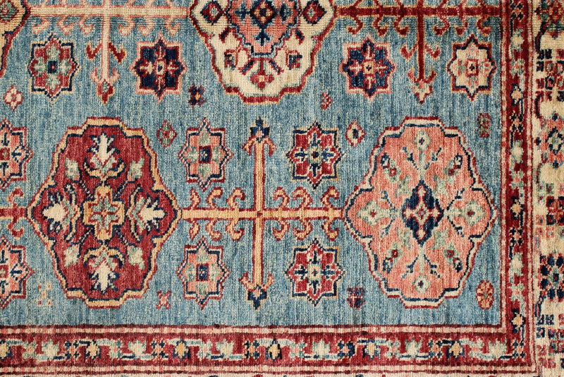 4x6 Blue and Ivory Kazak Tribal Rug