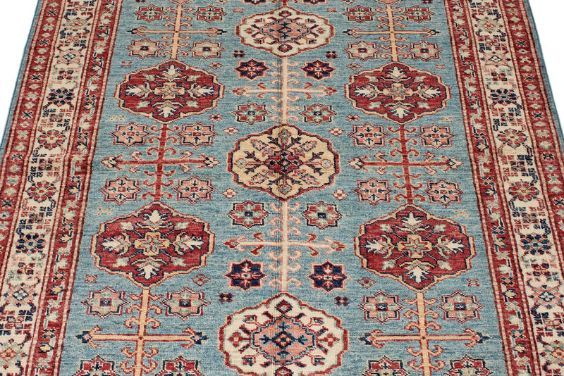 4x6 Blue and Ivory Kazak Tribal Rug