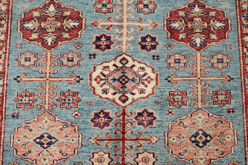 4x6 Blue and Ivory Kazak Tribal Rug