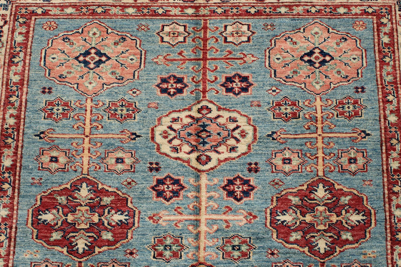 4x6 Blue and Ivory Kazak Tribal Rug