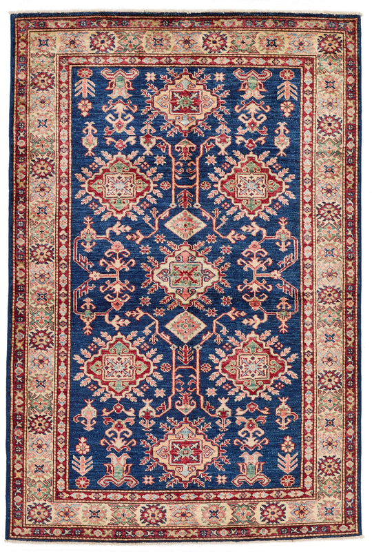 4x6 Navy and Ivory Kazak Tribal Rug