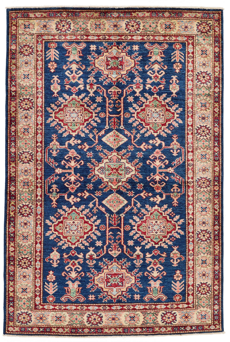 4x6 Navy and Ivory Kazak Tribal Rug