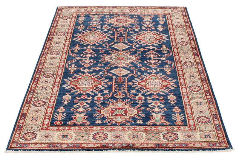 4x6 Navy and Ivory Kazak Tribal Rug