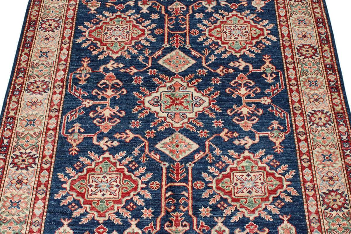 4x6 Navy and Ivory Kazak Tribal Rug