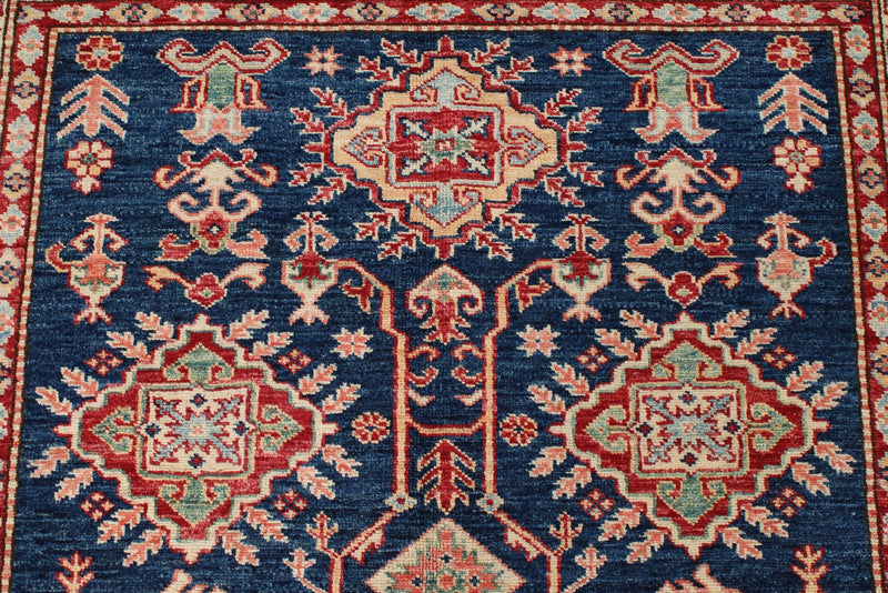 4x6 Navy and Ivory Kazak Tribal Rug