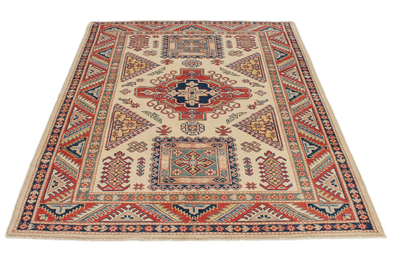 5x7 Ivory and Red Kazak Tribal Rug