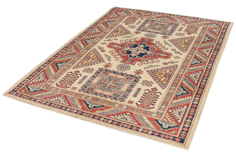 5x7 Ivory and Red Kazak Tribal Rug