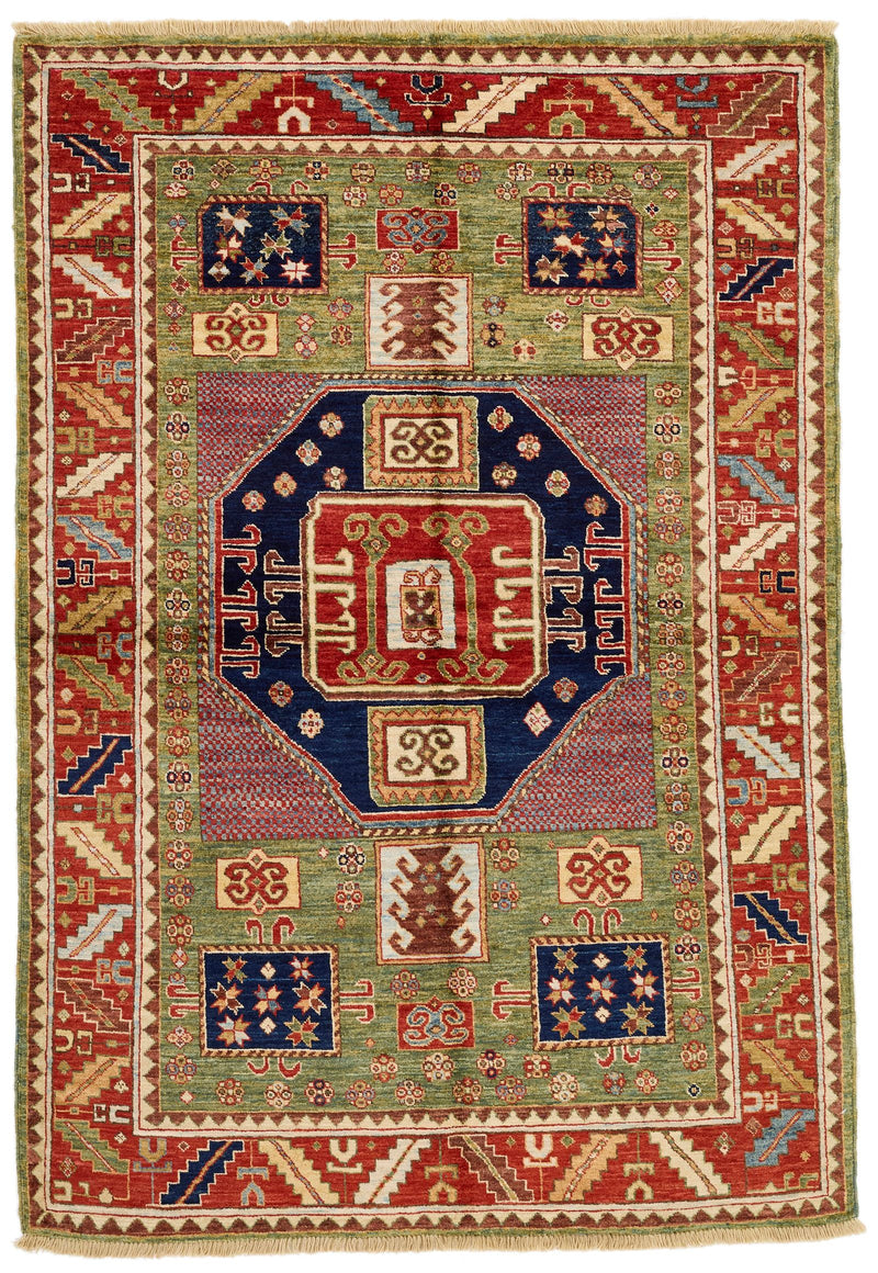 4x6 Green and Red Kazak Tribal Rug