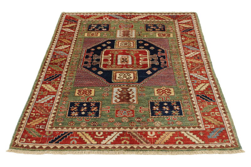 4x6 Green and Red Kazak Tribal Rug