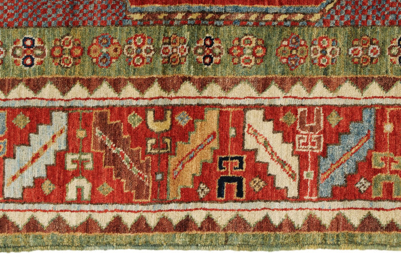 4x6 Green and Red Kazak Tribal Rug