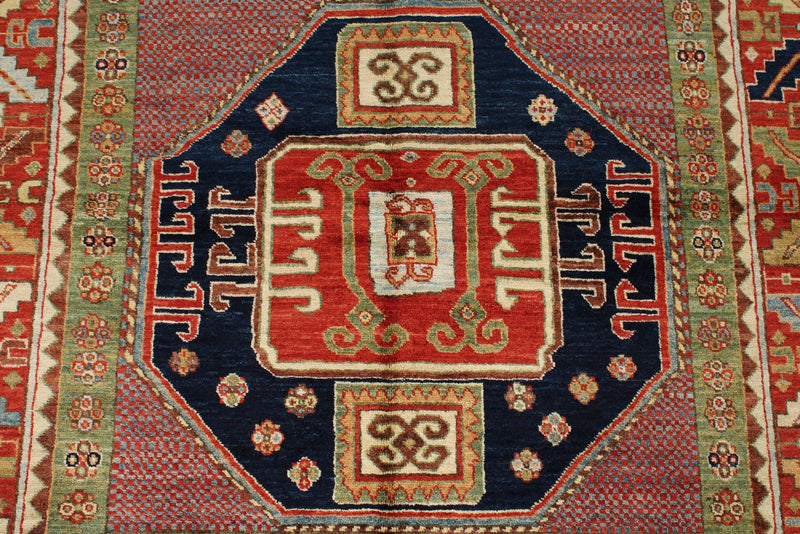 4x6 Green and Red Kazak Tribal Rug