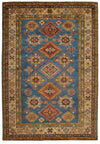 6x8 Blue and Ivory Kazak Tribal Rug