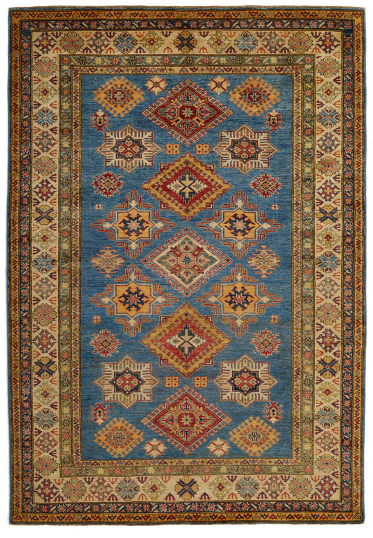 6x8 Blue and Ivory Kazak Tribal Rug