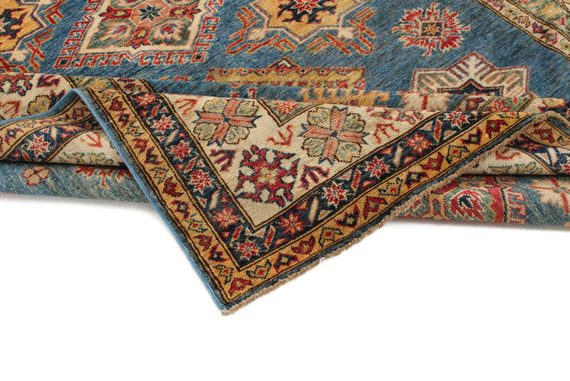 6x8 Blue and Ivory Kazak Tribal Rug