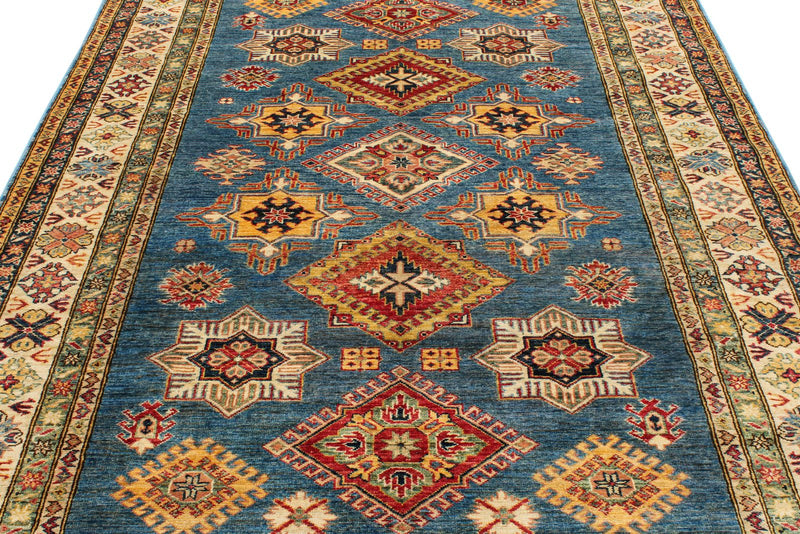 6x8 Blue and Ivory Kazak Tribal Rug