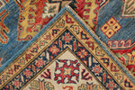 6x8 Blue and Ivory Kazak Tribal Rug