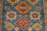 6x8 Blue and Ivory Kazak Tribal Rug