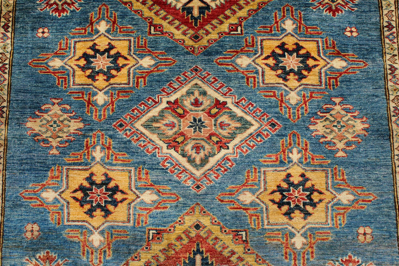 6x8 Blue and Ivory Kazak Tribal Rug